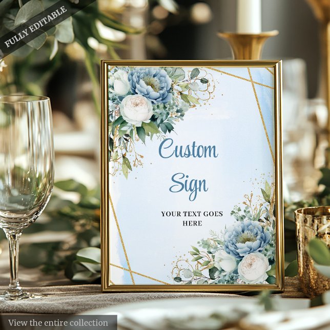 Watercolor Blue Gold Glitter Greenery Wedding Sign (Watercolor Blue Gold Glitter Greenery Wedding Sign)