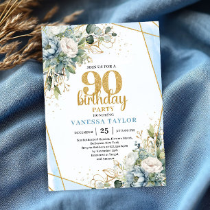 Watercolor Blue Gold Glow 90th Birthday Invitation