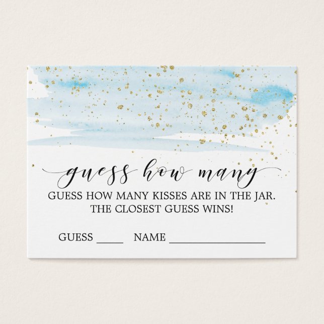 Watercolor Blue & Gold Guess How Many Kisses Card (Front)