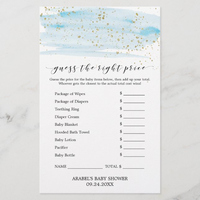 Watercolor Blue & Gold Guess The Right Price Game Flyer (Front)