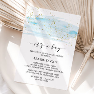 Watercolor Blue & Gold It's A Boy Baby Shower Invitation