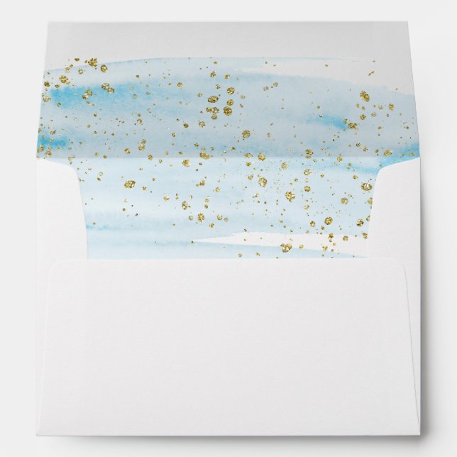 Watercolor Blue & Gold Lined Wedding Invitation Envelope (Back (Bottom))