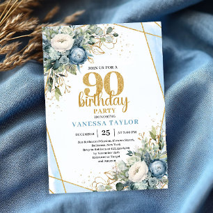 Watercolor Blue Gold Luxe 90th Birthday Invitation