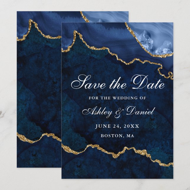 Watercolor Blue Gold Marble Agate Geode Save The Date (Front/Back)
