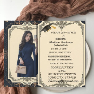 Watercolor Blue Gold Marble Agate Graduation Party Card