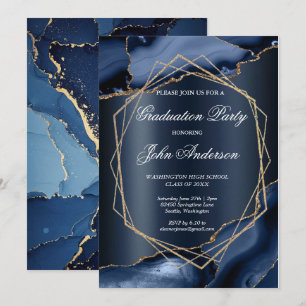Watercolor Blue Gold Marble Graduation Party Invitation
