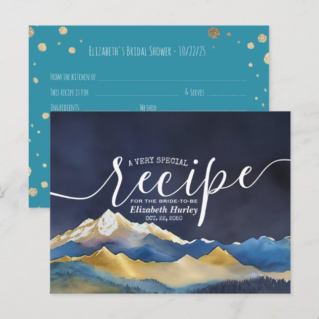 Watercolor Blue Gold Mountain Bridal Shower Recipe Invitation Postcard (Front/Back)