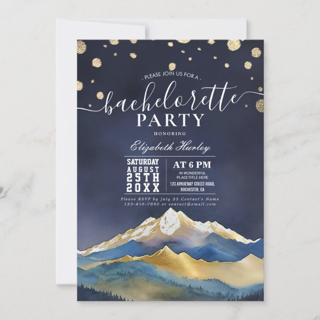 Watercolor Blue Gold Mountains Bachelorette Party Invitation (Front)