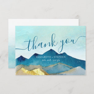 Watercolor Blue & Gold Mountains Wedding Thank You