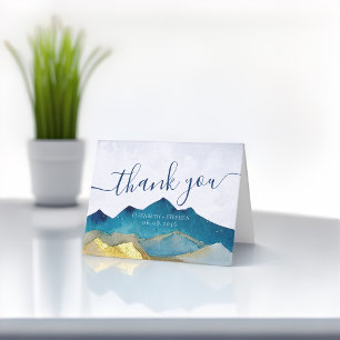 Watercolor Blue & Gold Mountains Wedding Thank You
