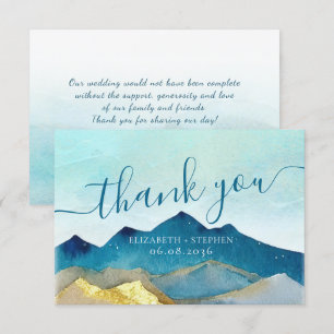 Watercolor Blue & Gold Mountains Wedding Thank You Card
