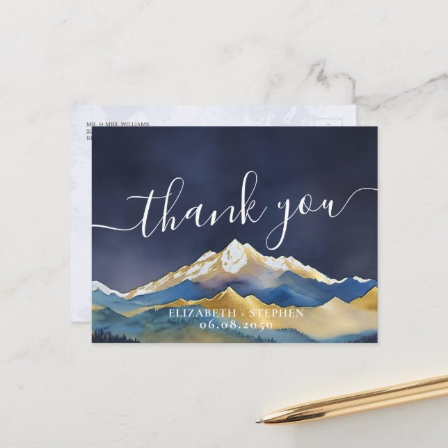 Watercolor Blue & Gold Mountains Wedding Thank You Postcard (Front/Back In Situ)