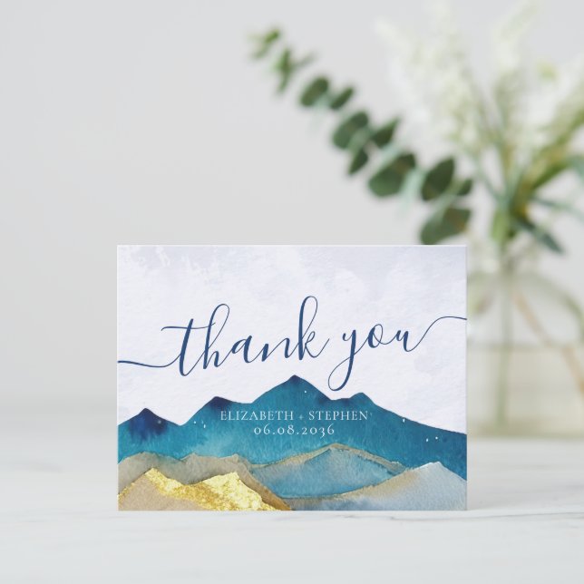 Watercolor Blue & Gold Mountains Wedding Thank You Postcard (Standing Front)