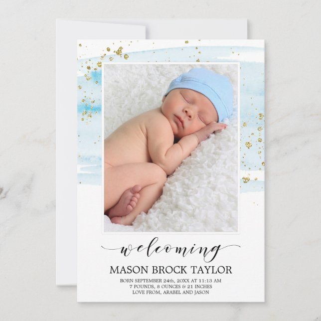 Watercolor Blue & Gold Photo Birth Announcement (Front)