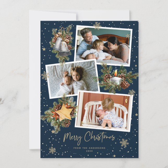Watercolor Blue Gold Photo Merry Christmas Cards (Front)