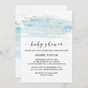 Watercolor Blue & Gold Sparkle Baby Shower Invitation