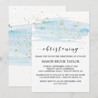 Watercolor Blue & Gold Sparkle Christening Invitation