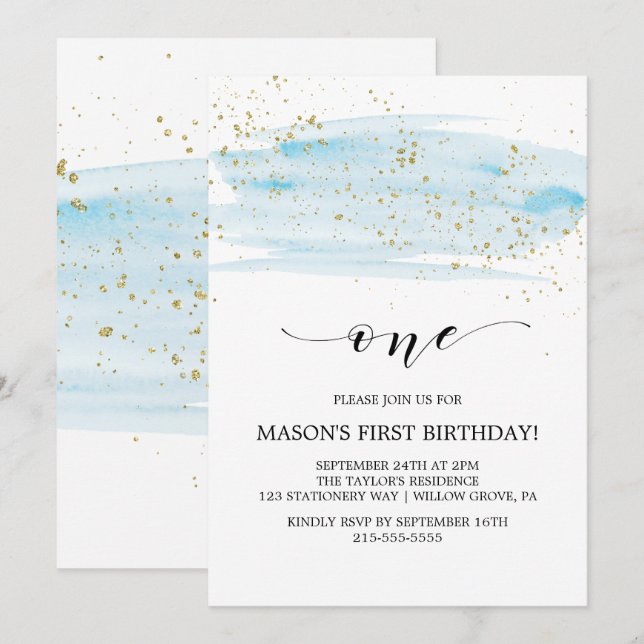 Watercolor Blue & Gold Sparkle First Birthday Invitation (Front/Back)