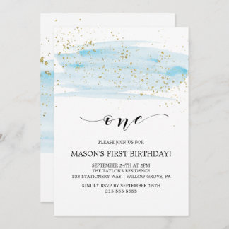 Watercolor Blue & Gold Sparkle First Birthday Invitation
