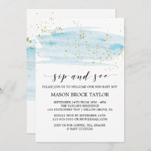 Watercolor Blue & Gold Sparkle Sip and See Invitation