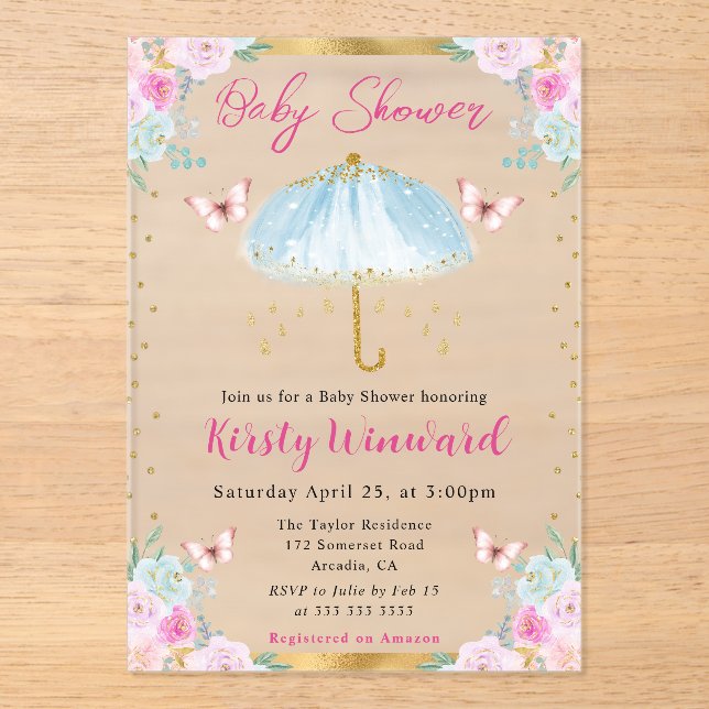 Watercolor Blue Gold Spring Umbrella Baby Shower Acrylic Invitations (Front)