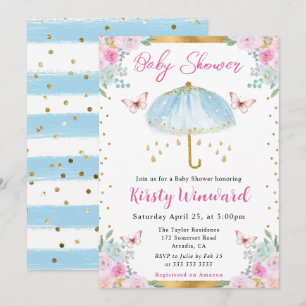 Watercolor Blue Gold Spring Umbrella Baby Shower Invitation