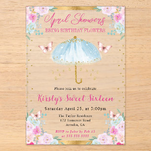 Watercolor Blue Gold Spring Umbrella Sweet Sixteen Acrylic Invitations