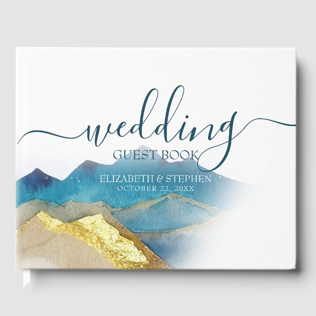 Watercolor Blue Golden Mountain Wedding Guest Book (Front)