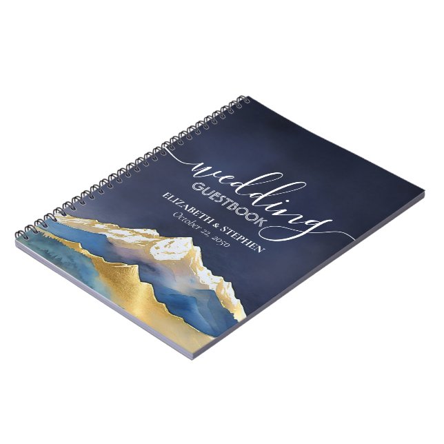 Watercolor Blue Golden Mountain Wedding Guestbook  Notebook (Left Side)