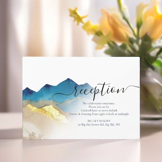 Watercolor Blue Golden Mountains Wedding Reception Enclosure Card (Creator Uploaded)