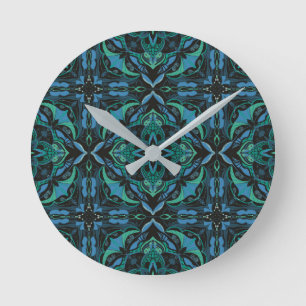 Watercolor Blue Green Azulejo Spanish Tile Round Clock
