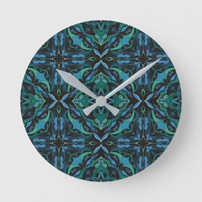 Watercolor Blue Green Azulejo Spanish Tile Round Clock (Front)