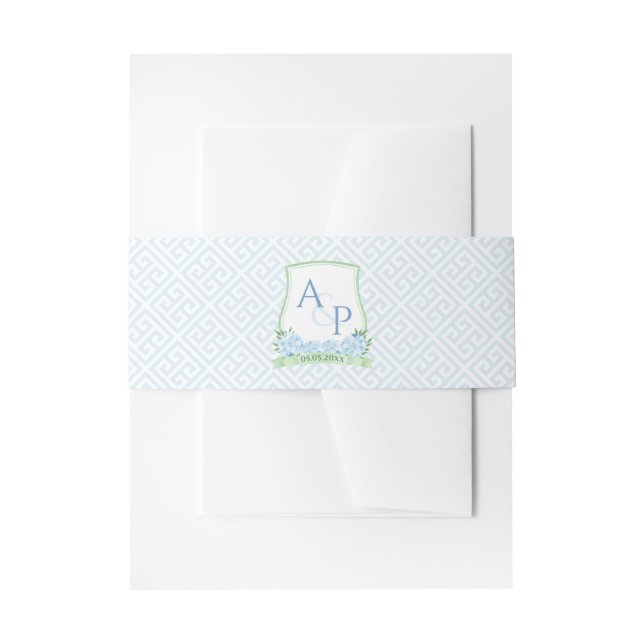 Watercolor Blue Green Botanical Crest Wedding Invitation Belly Band (Front Example)