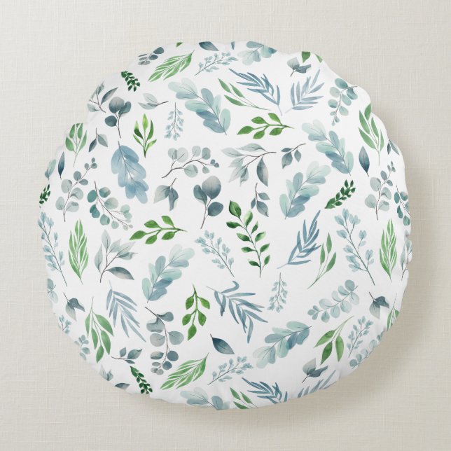 Watercolor Blue Green Botanical Eucalyptus Foliage Round Cushion (Front)