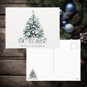 Watercolor Blue Green Christmas Tree Holiday Postcard