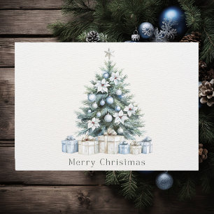 Watercolor Blue Green Christmas Tree Poinsettia Holiday Card