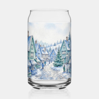 Watercolor Blue Green Christmas Village Market Can Glass
