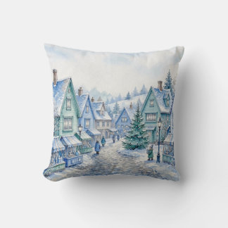 Watercolor Blue Green Christmas Village Market Cushion