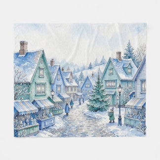 Watercolor Blue Green Christmas Village Market Fleece Blanket