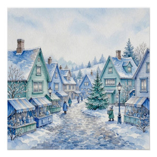 Watercolor Blue Green Christmas Village Market Poster