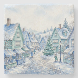 Watercolor Blue Green Christmas Village Market Stone Coaster