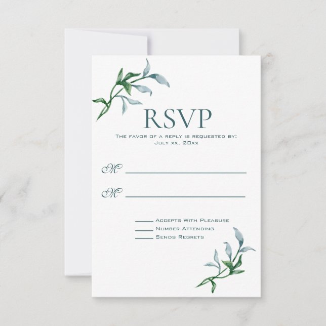 Watercolor Blue Green Floral Branches Wedding RSVP Card (Front)