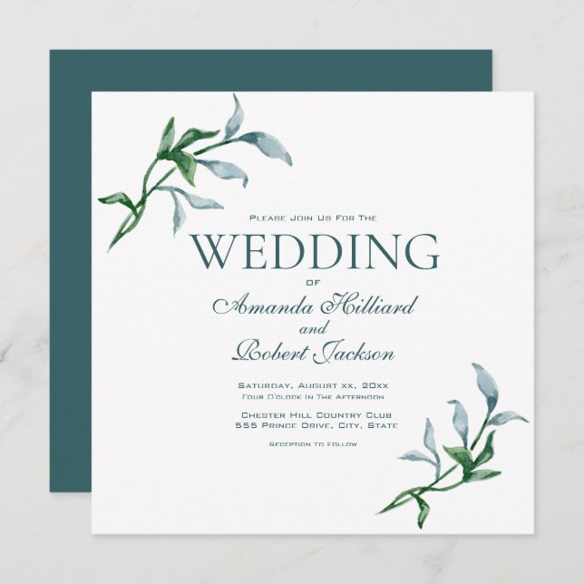 Watercolor Blue Green Floral Elegant Wedding Invitation (Front/Back)