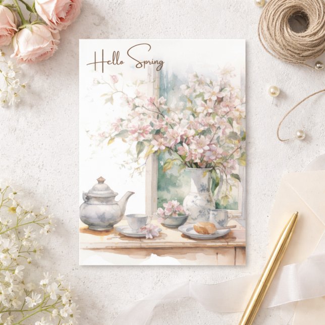 Watercolor Blue Green Floral Hello Spring Holiday Postcard (Creator Uploaded)