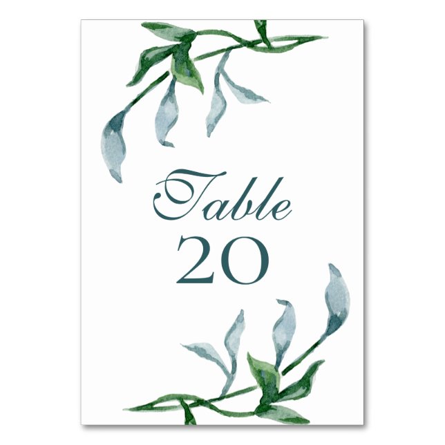 Watercolor Blue Green Floral Leaves Wedding Table Number (Front)
