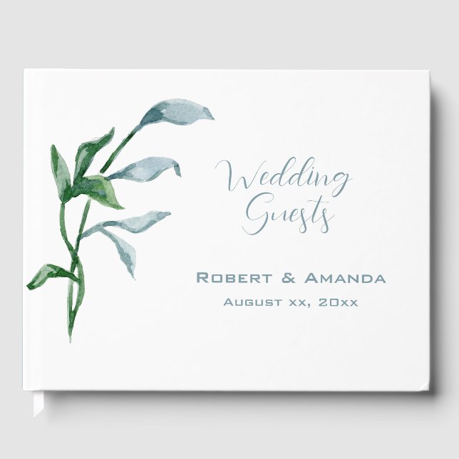 Watercolor Blue Green Leaves Elegant Wedding Guest Book (Front)