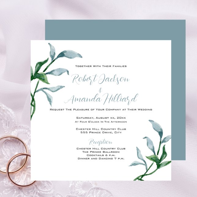 Watercolor Blue Green Leaves Elegant Wedding Invitation (Watercolor Blue Green Leaves Elegant Wedding Invitation)