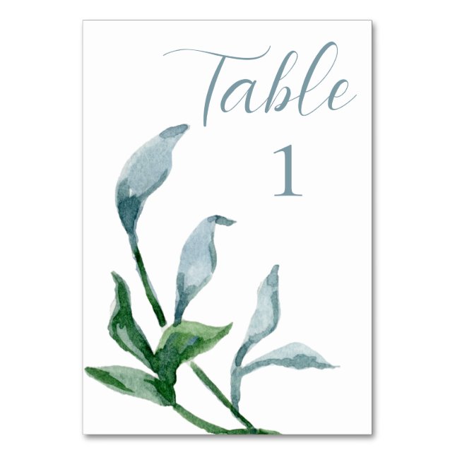 Watercolor Blue Green Leaves Wedding Reception Table Number (Front)