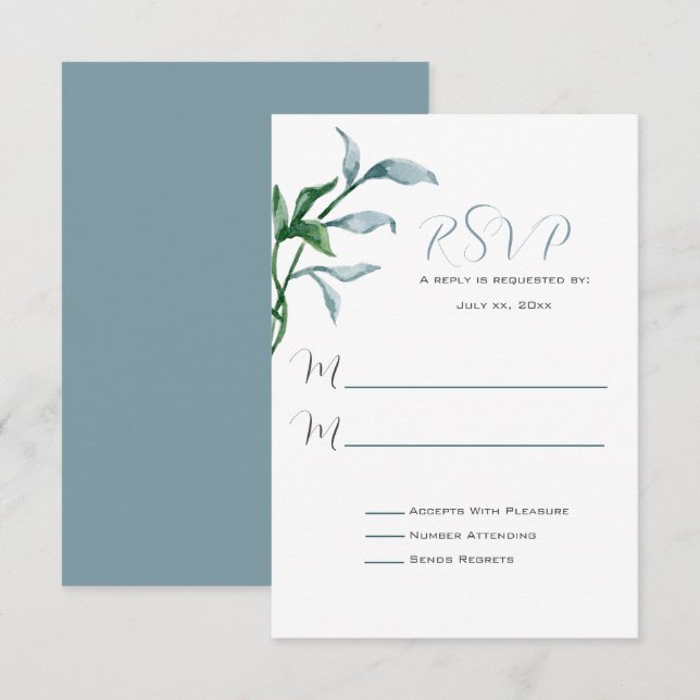 Watercolor Blue Green Leaves Wedding RSVP Card (Front/Back)