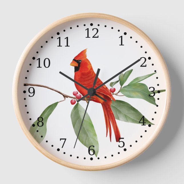 Watercolor Blue Green Red Cardinal Bird  Clock (Front)
